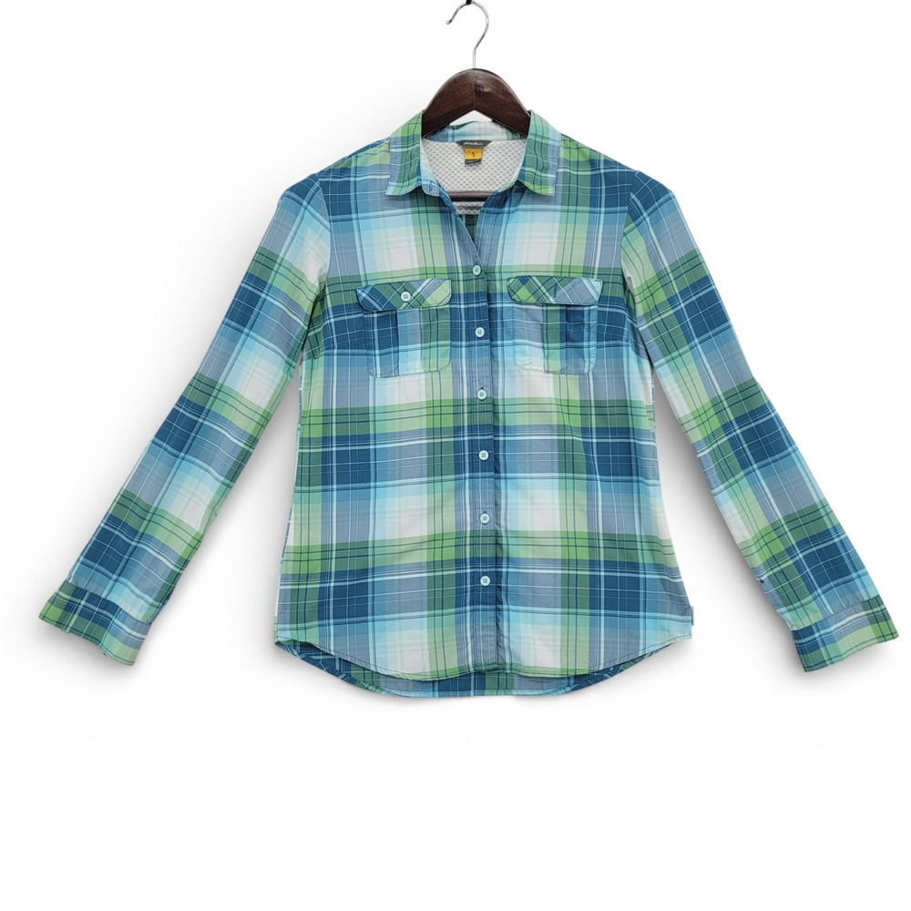 Eddie‎ Bauer Womens S Button Shirt Nylon Blue Green Plaid Outdoor